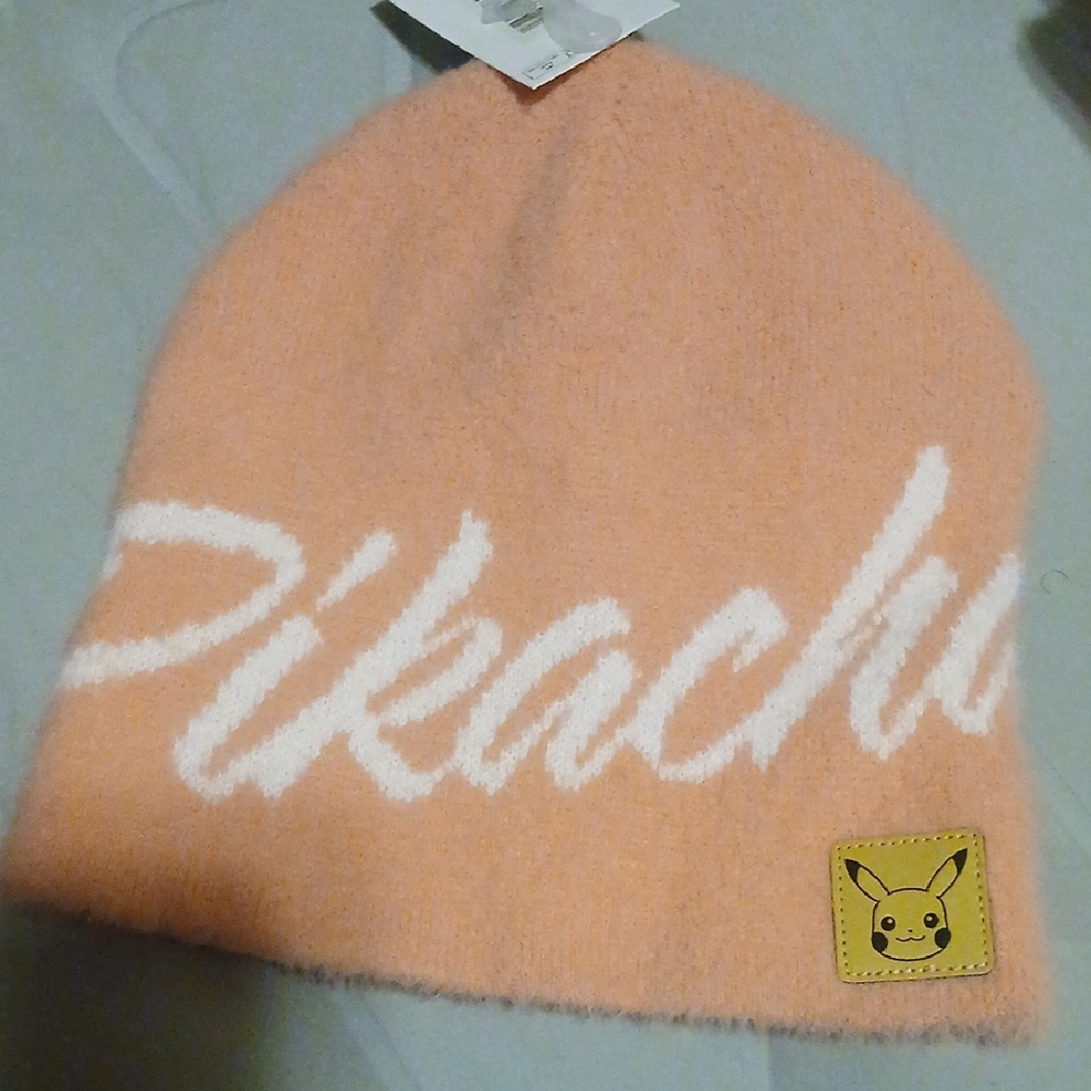 Pikachu Kids Beanie Hat - Peach with White Script